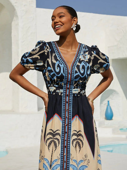 Summer Night Palm Linen-Like Maxi Dress