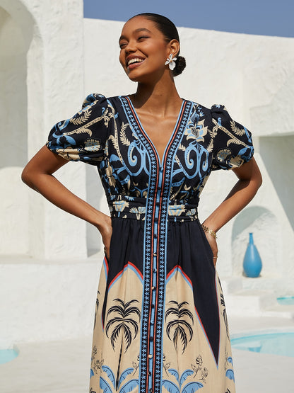 Sommernacht Leinen-ähnliches Maxikleid mit Palmenmuster