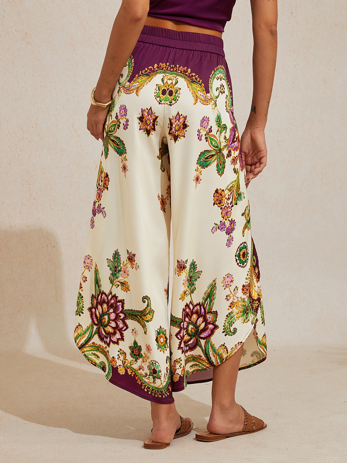 Burgundy Paisley Silky Satin Slit Wide Leg Pants