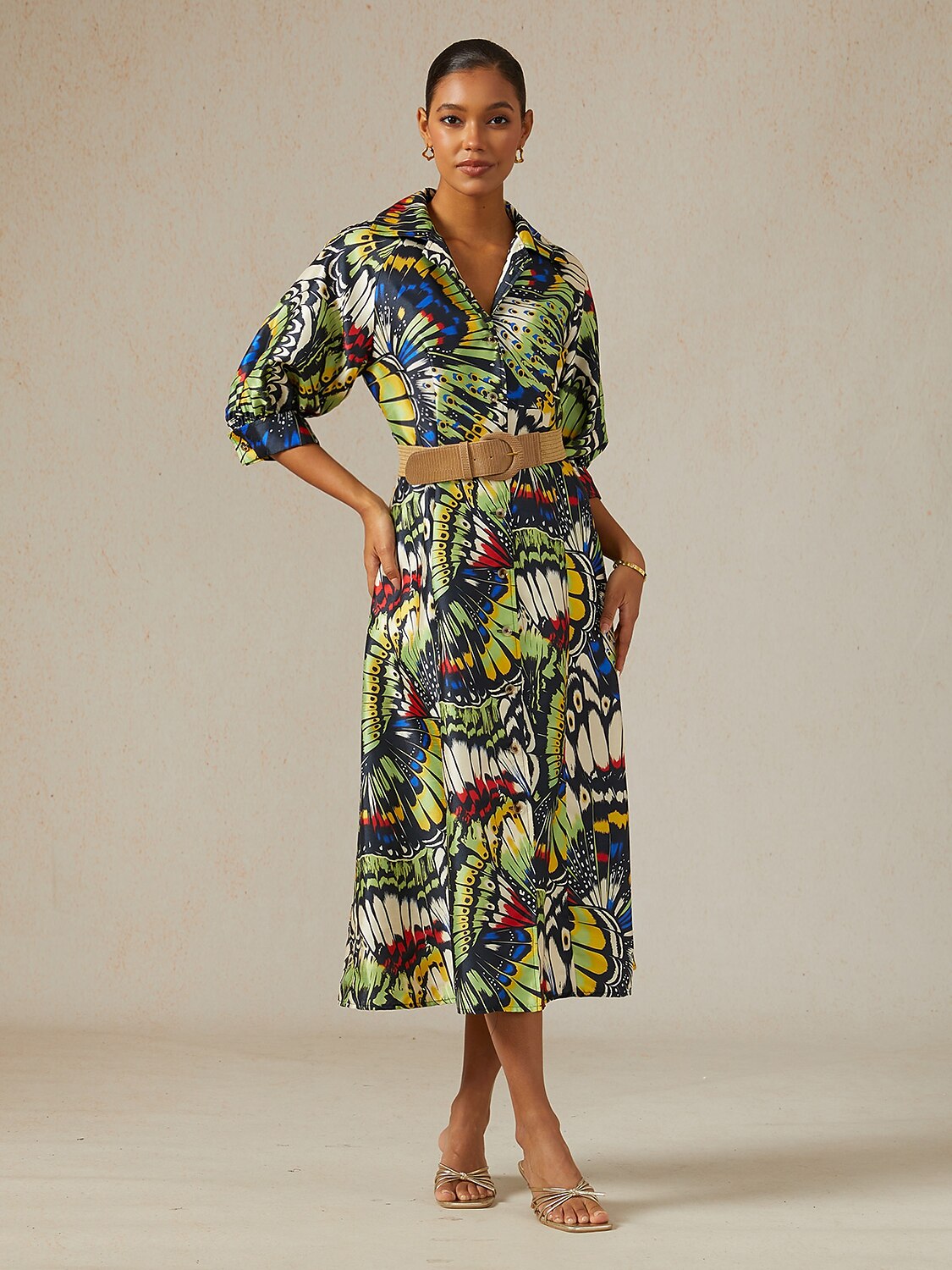 Jungle Butterfly Satin Trench-Style Maxi Dress