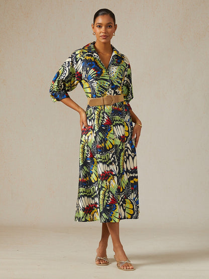 Jungle Butterfly Satin Trench-Style Maxi Dress