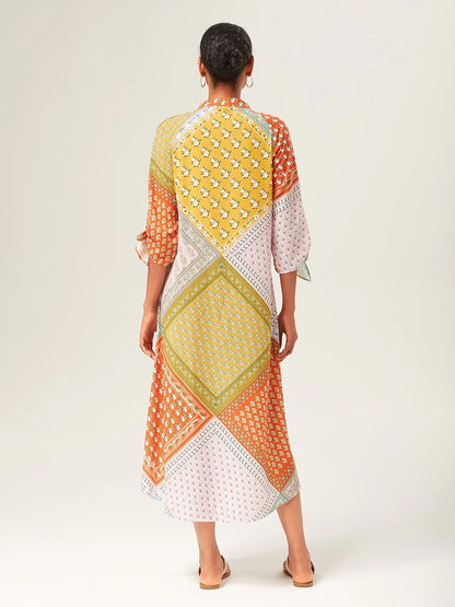 Colorful Print Tie Shirt Maxi Dress