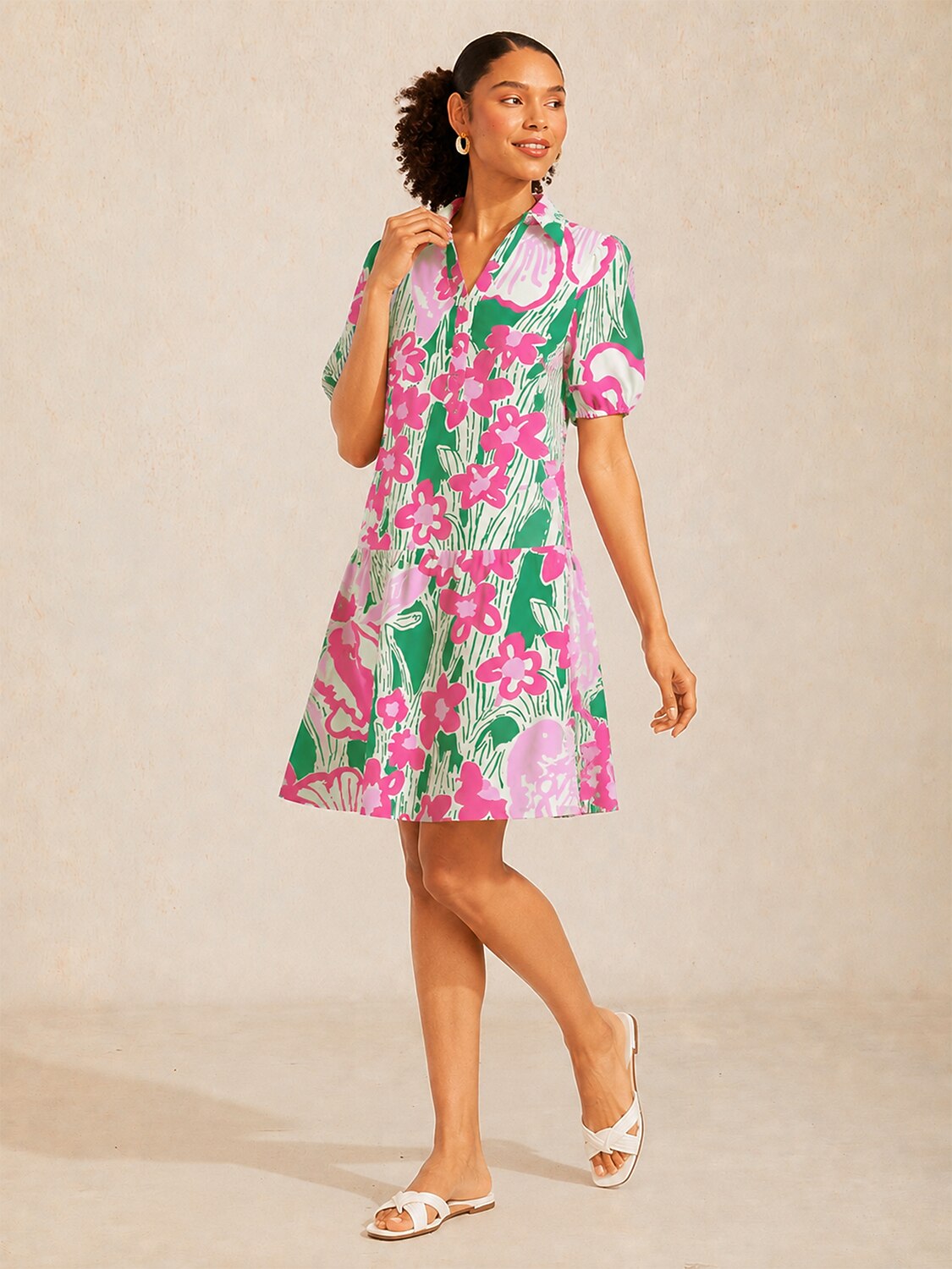 Pink Jungle Flora Linen Look Midi Dress