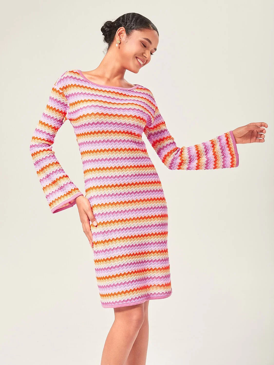 Elegant Rainbow Wave Stretch Knit Mini Dress