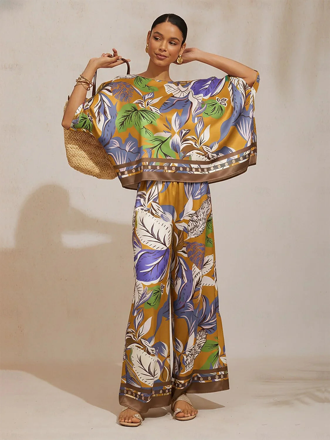 Wild Hibiscus Dream Silky satin wide leg pants