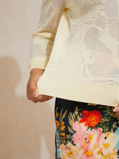 Organza Wool Blend Floral Knitwear Cardigan