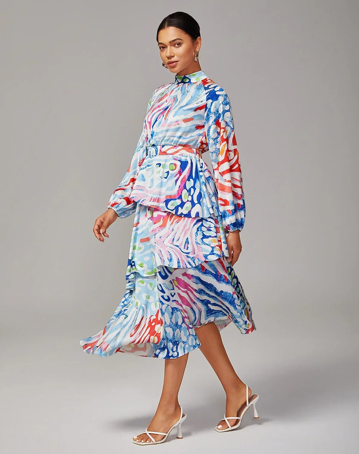 Watercolor Leopard Print Chiffon Tiered Dress