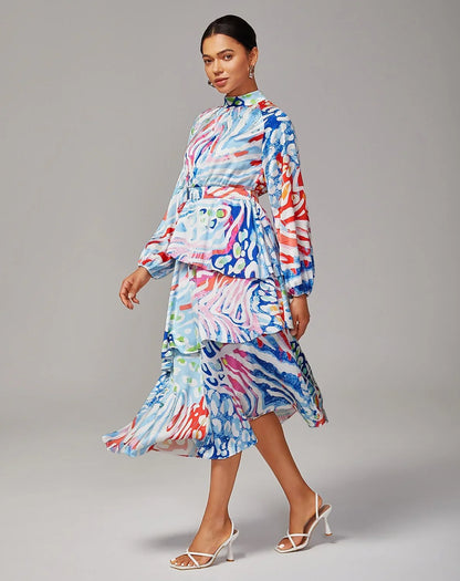 Watercolor Leopard Print Chiffon Tiered Dress