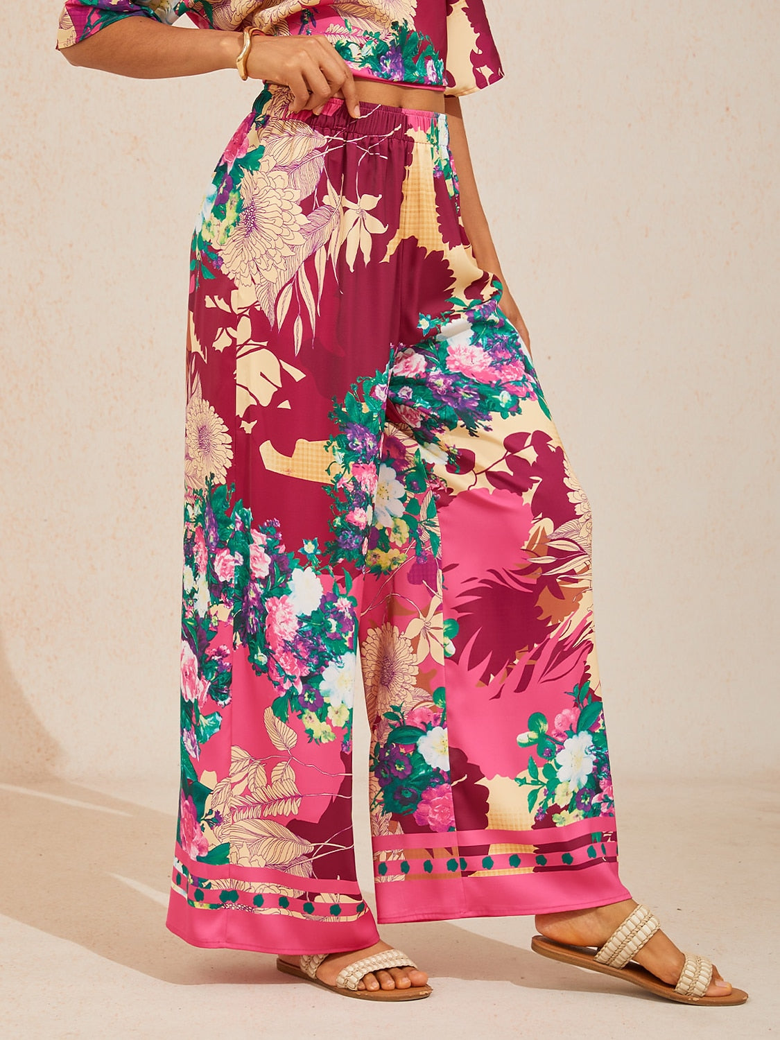 Fiery Pink Rose Silky Satin Wide Leg Pants
