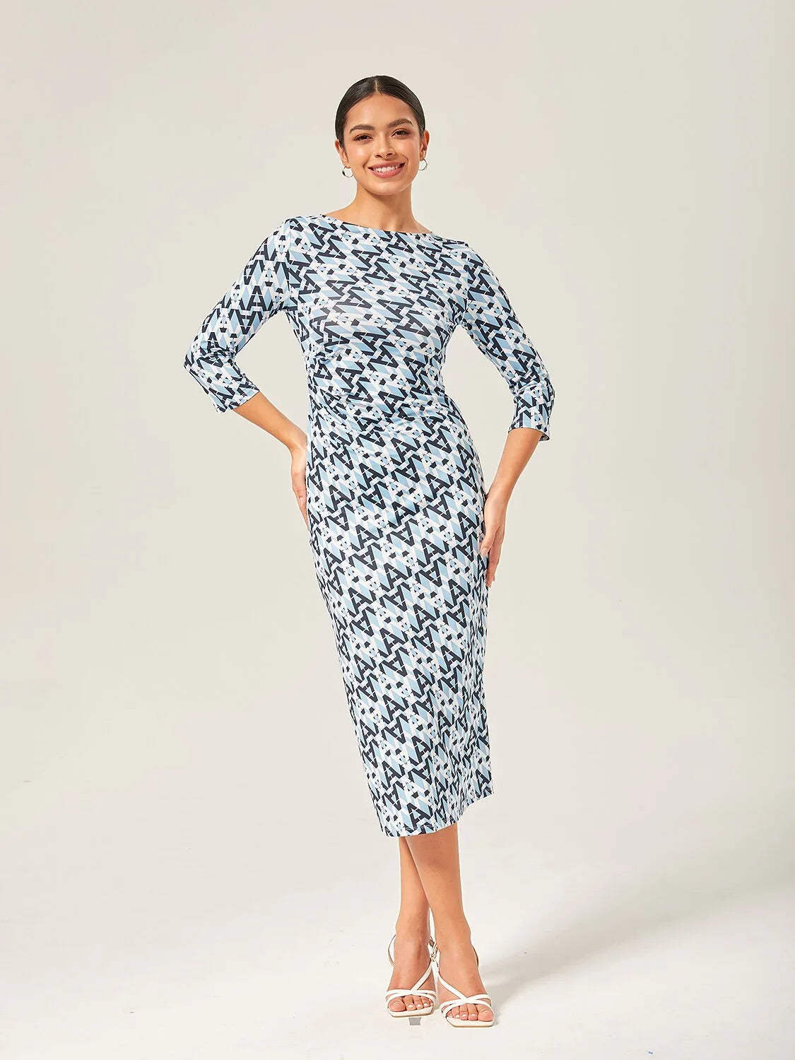 Casual Blue Geometric Print Midi Dress