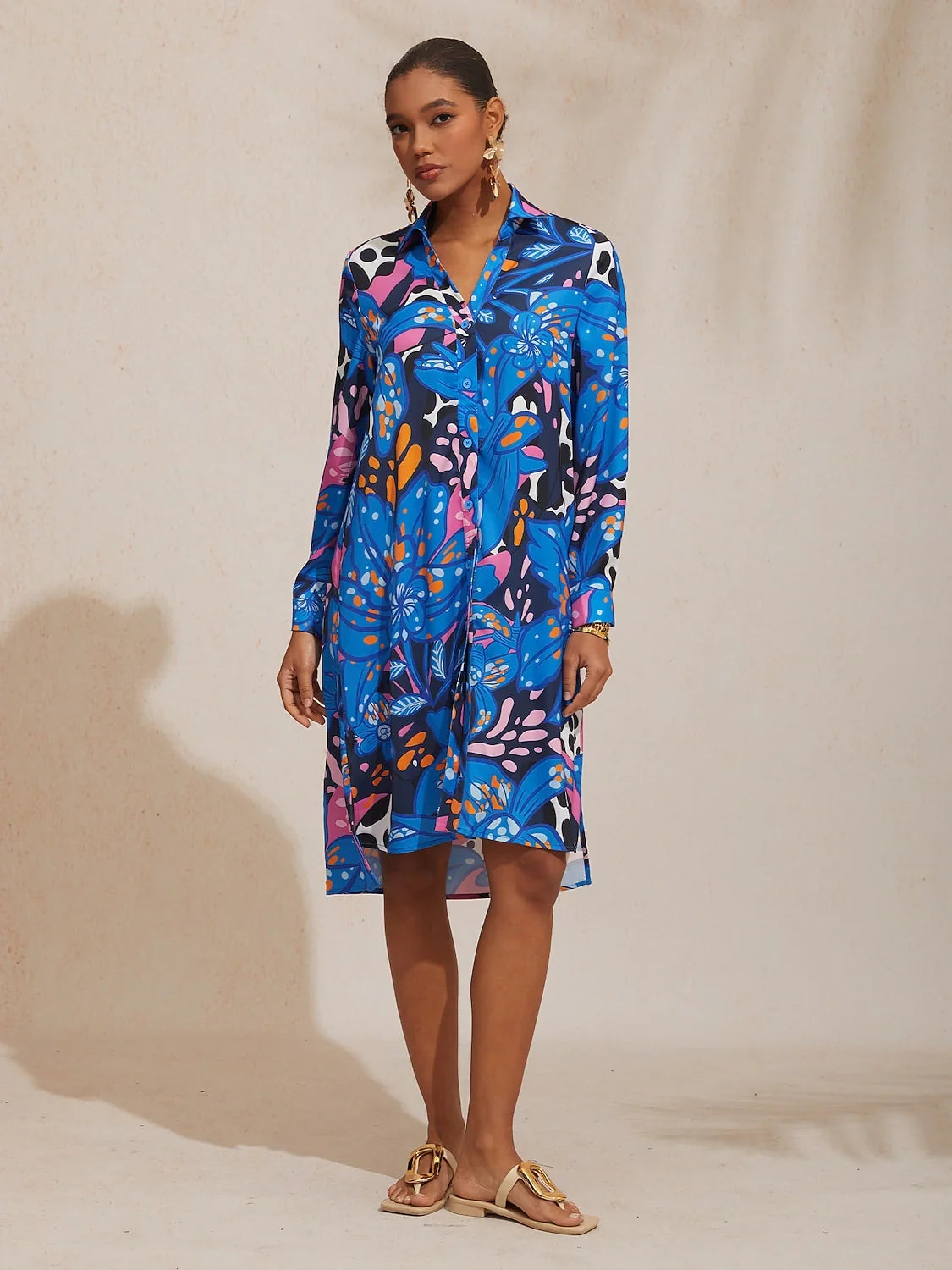 Abstract Azure Silky Satin Dot Shirt Dress
