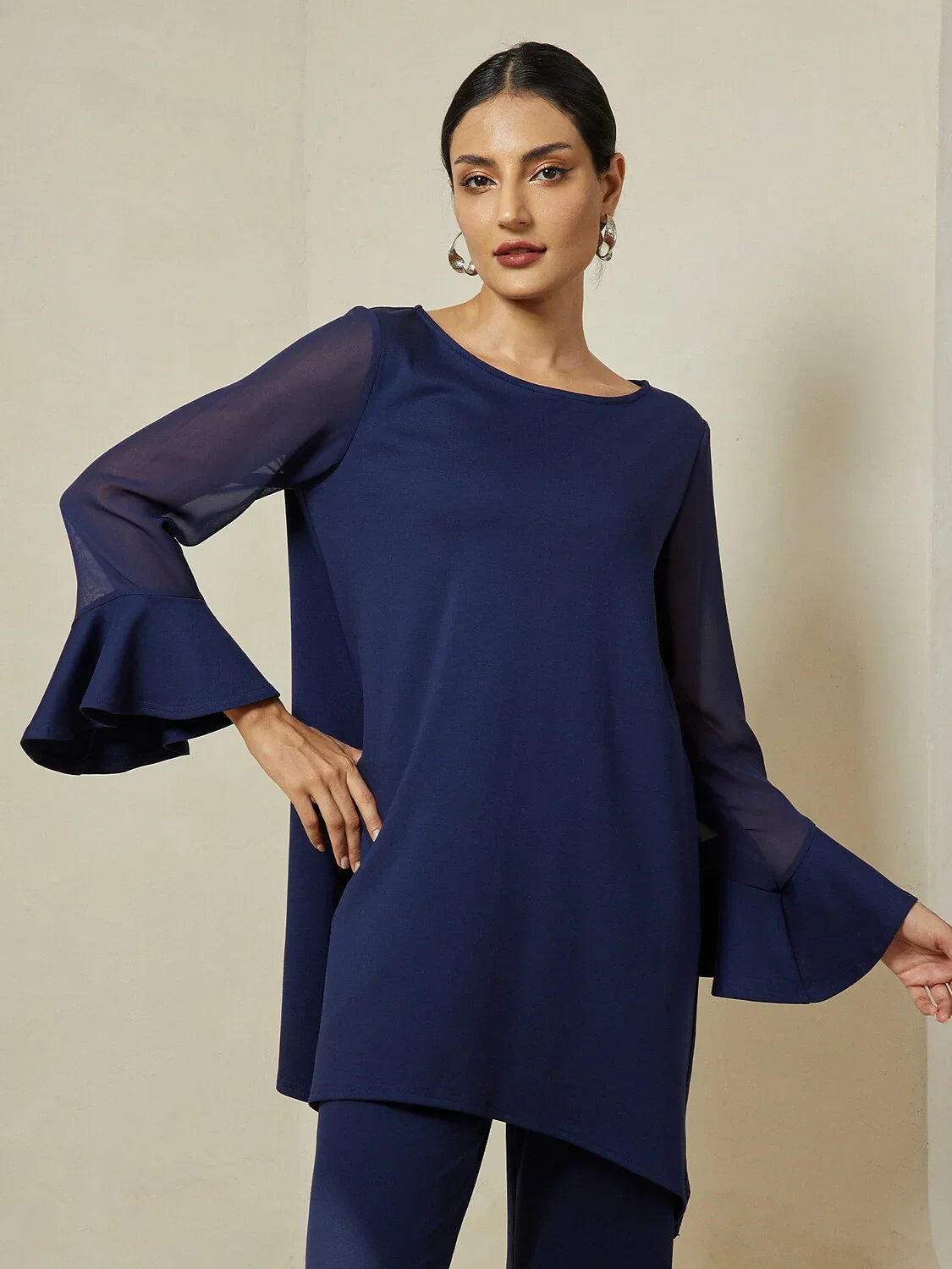 Modal Patchwork Flare Cuff Knitwear Blouse