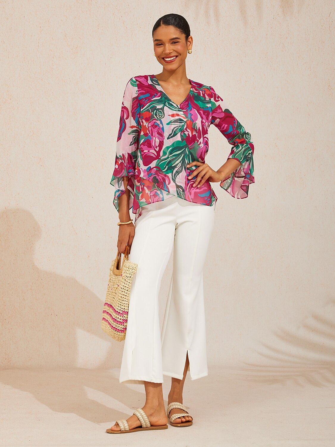 Fiery Pink Rose Flowy Chiffon Blouse