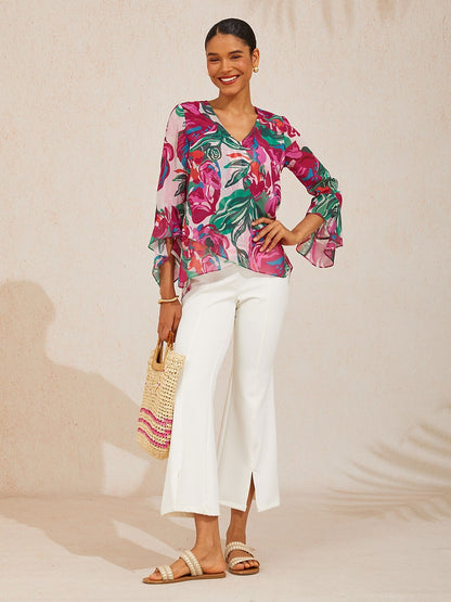 Fiery Pink Rose Flowy Chiffon Blouse