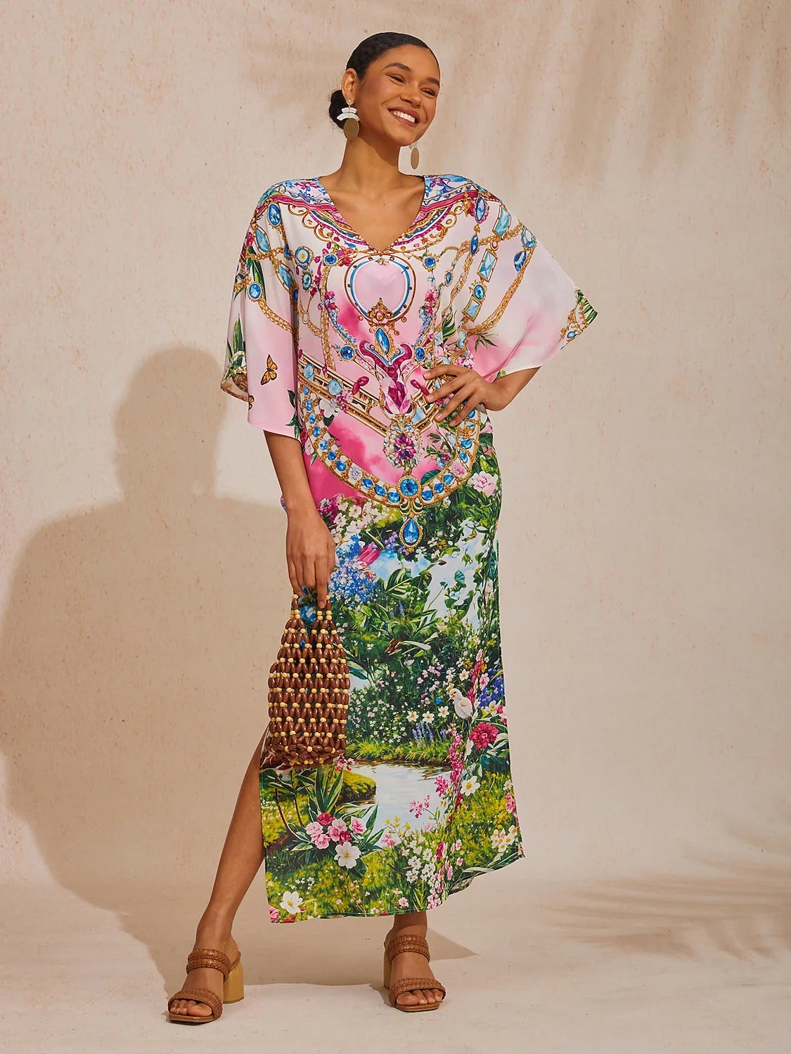 Pink Jungle Party Flowy Chiffon Diamond Maxi Dress