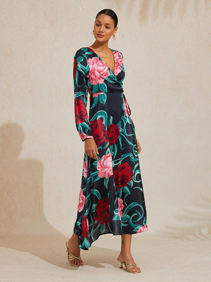 Emerald Rose Garden Silky Satin Floral Maxi Dress