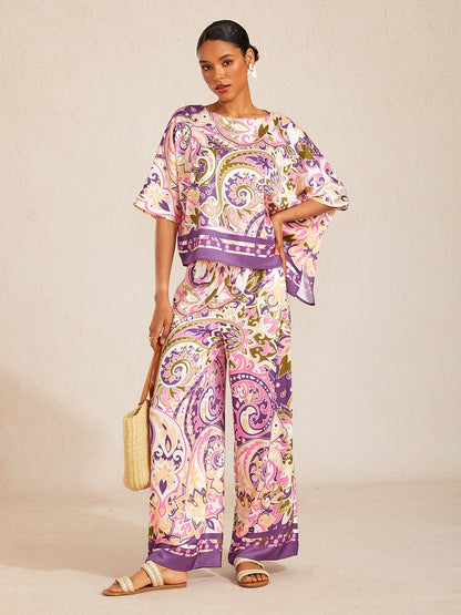 Pastel Floral Garden  Satin Wide Leg Pants