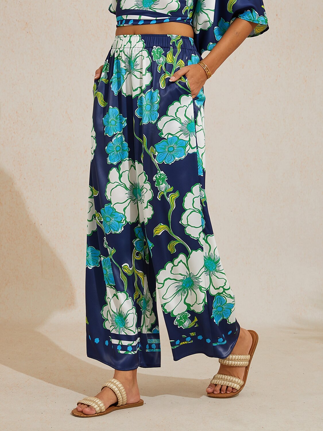 Emerald Tide Bloom Silky Satin Wide Leg Pants