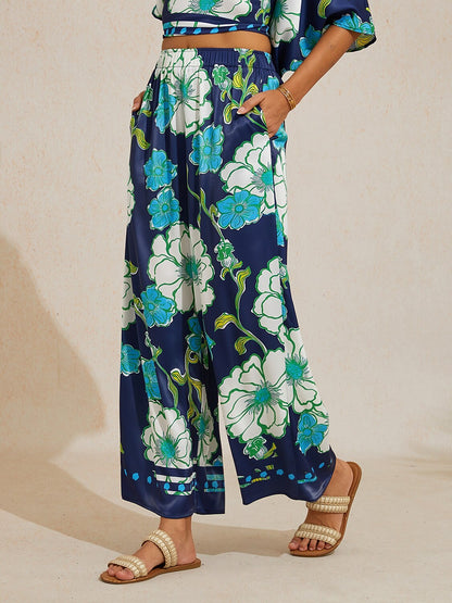 Emerald Tide Bloom Silky Satin Wide Leg Pants