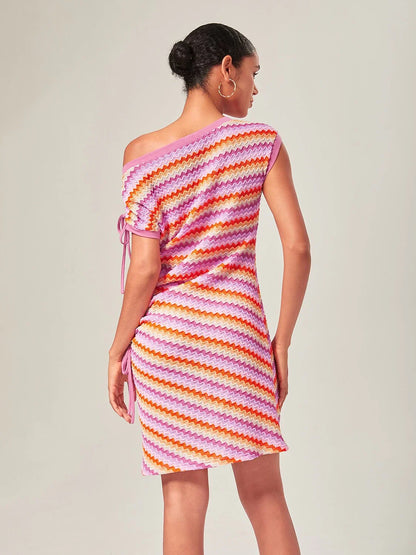 Vestido Mini Naranja de Punto Elástico Fruncido
