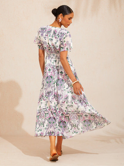 Mint Paisley Flora Flowy Chiffon Maxi Dress