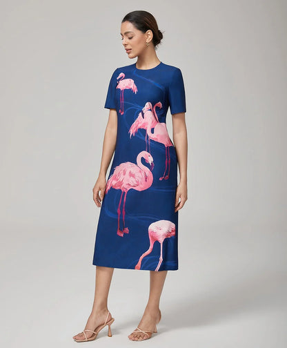 Royal Blue Short Sleeves Flamingo Print Dress