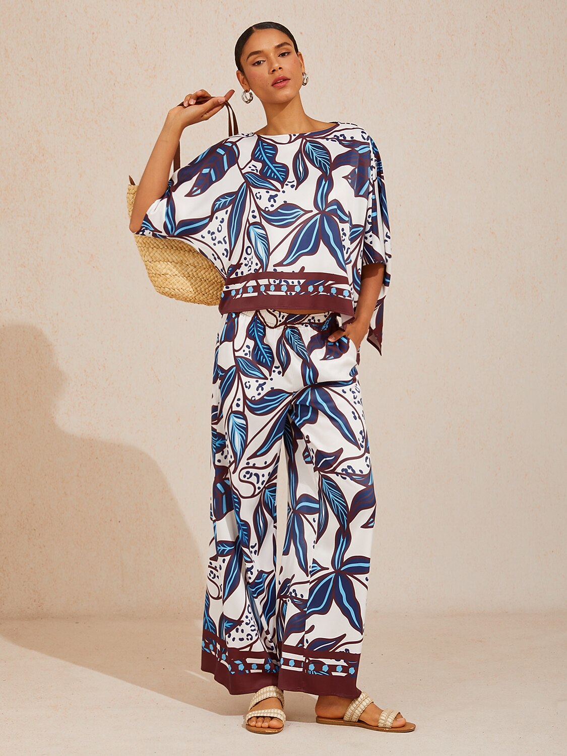 Abstract Azure  Satin Dolman Sleeve Top