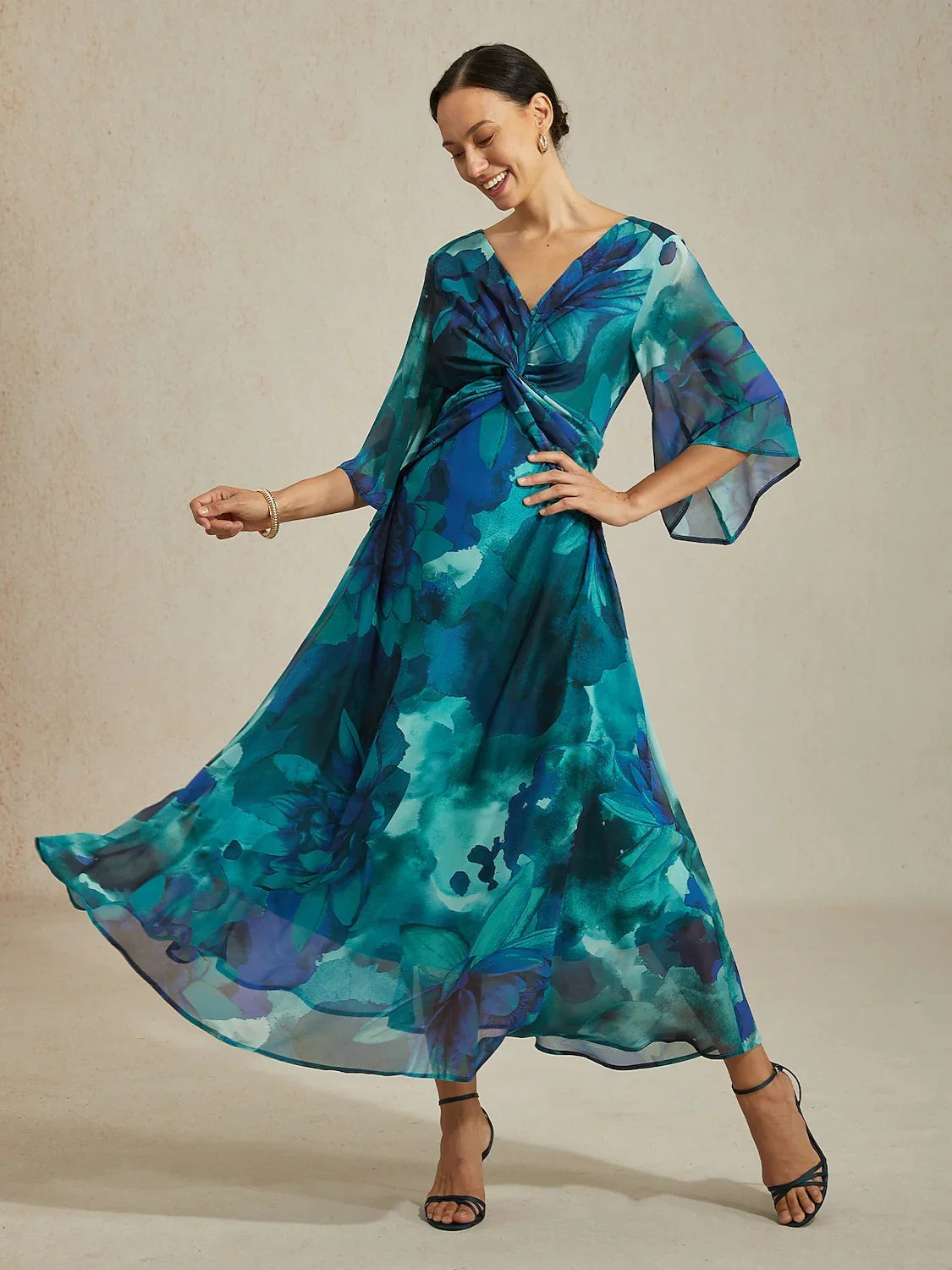 Chiffon Green Abstract Floral Print Twist Knot Maxi Dress