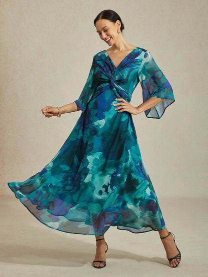 Chiffon Green Abstract Floral Print Twist Knot Maxi Dress