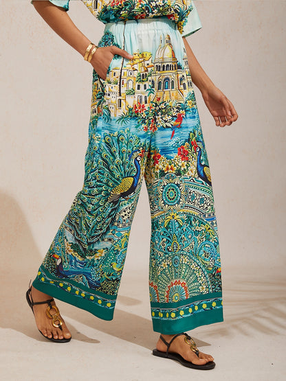 Summer Night Palm Silky Satin Wide Leg Pants
