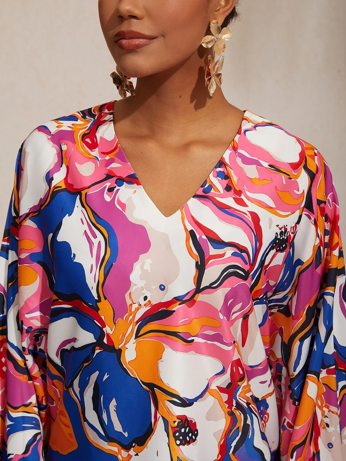 Vacation Artistic Floral Dolman Sleeve Satin Top