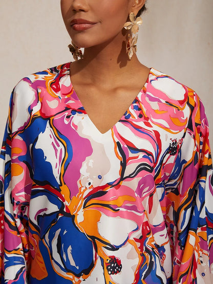 Vacation Artistic Floral Dolman Sleeve Satin Top