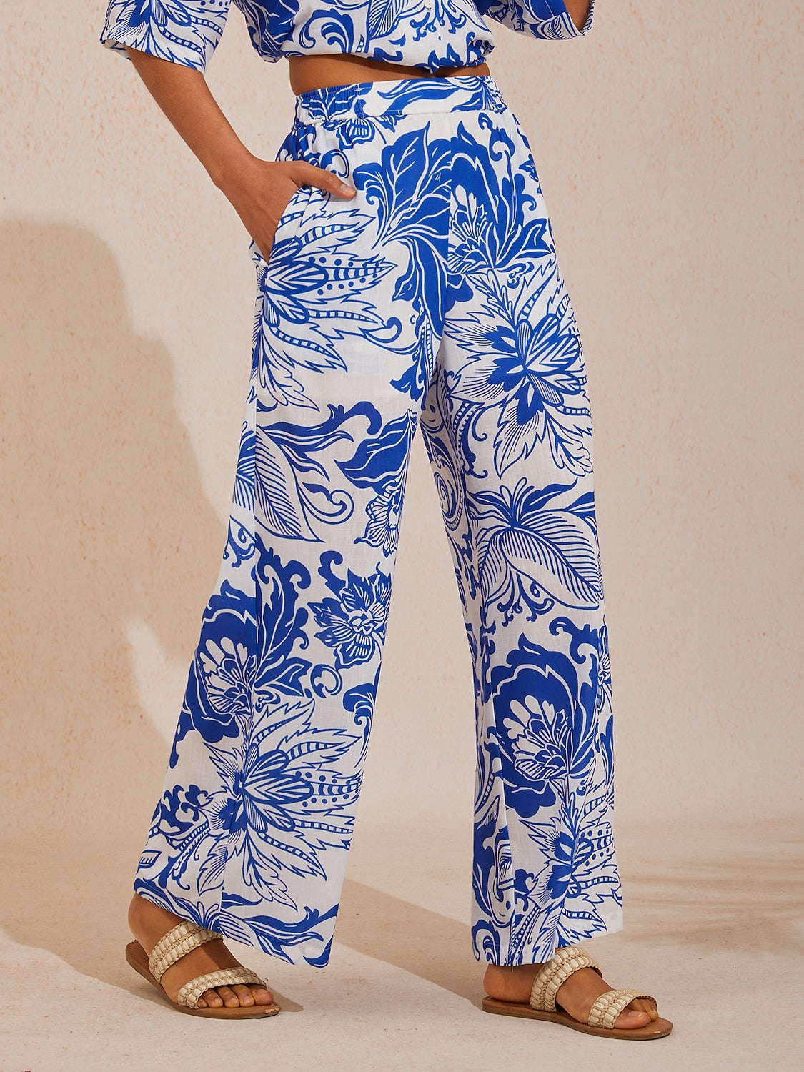 Pantalons larges St Barth Blooms aspect lin bleu