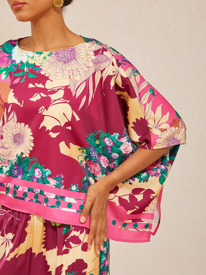 Fiery Pink Rose Silky Satin Batwing Top