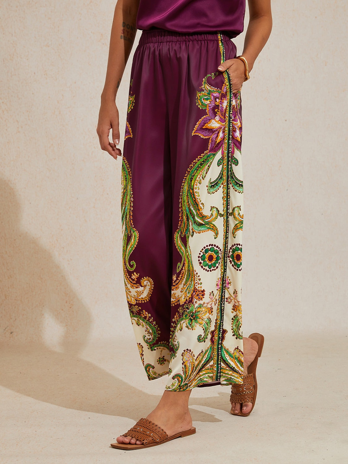 Burgundy Paisley Silky Satin Wide Leg Pants