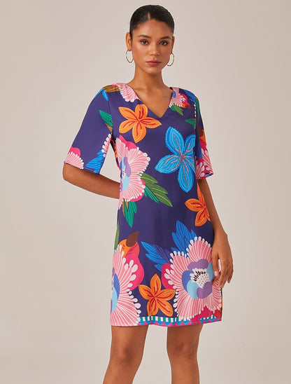 Vacation Print Satin Short Sleeves Mini Dress