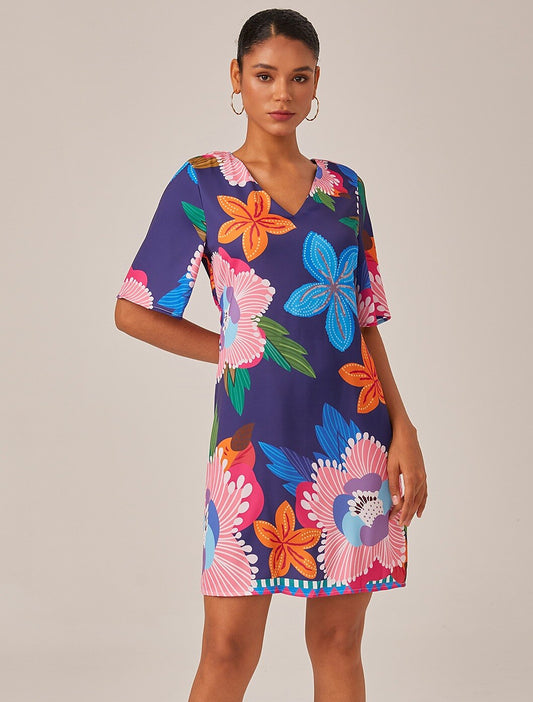 Satin Floral Print Straight Fit Slimming Elastic Back Mini Dress