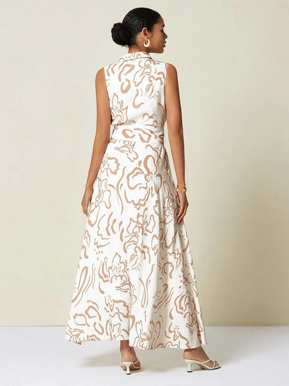 A-Line Abstract Print Pocket Waist Slim Fit Maxi Shirt Dress