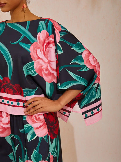 Summer Night Palm Silky Satin Dolman Sleeve Top