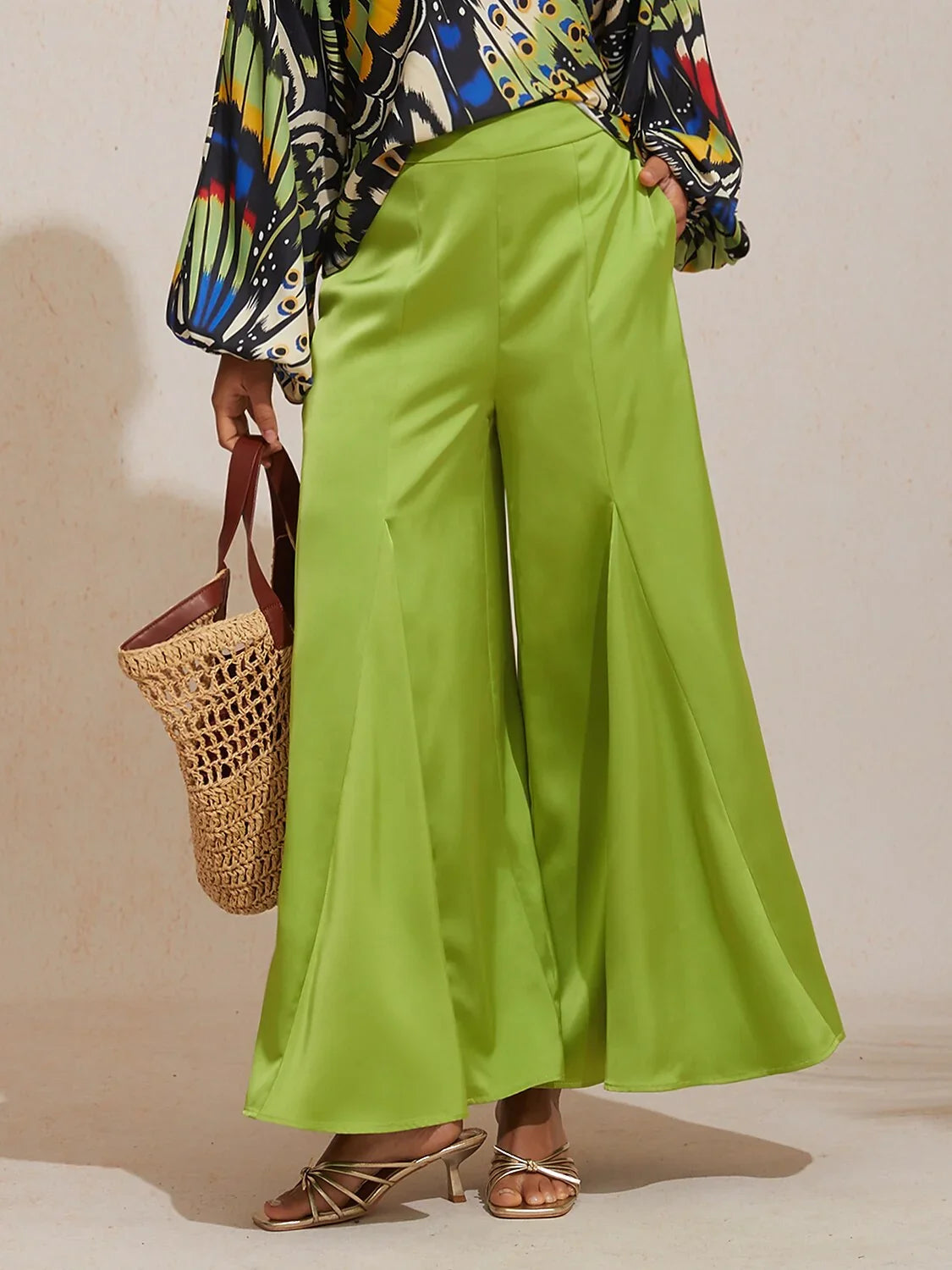 Jungle Butterfly Silky Satin Wide-Leg Pants