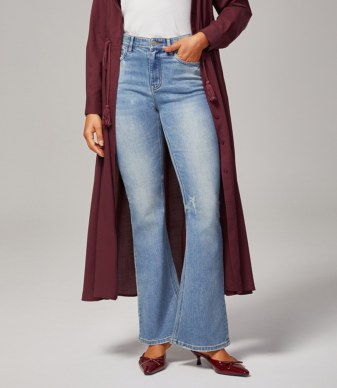 Stretch Flared Jeans High Waist Frayed Hem Denim Pants