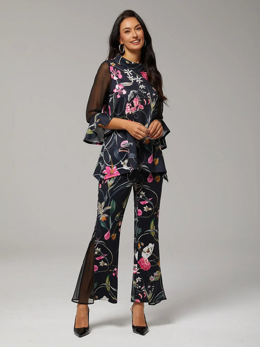Vine Floral Print Chiffon Top