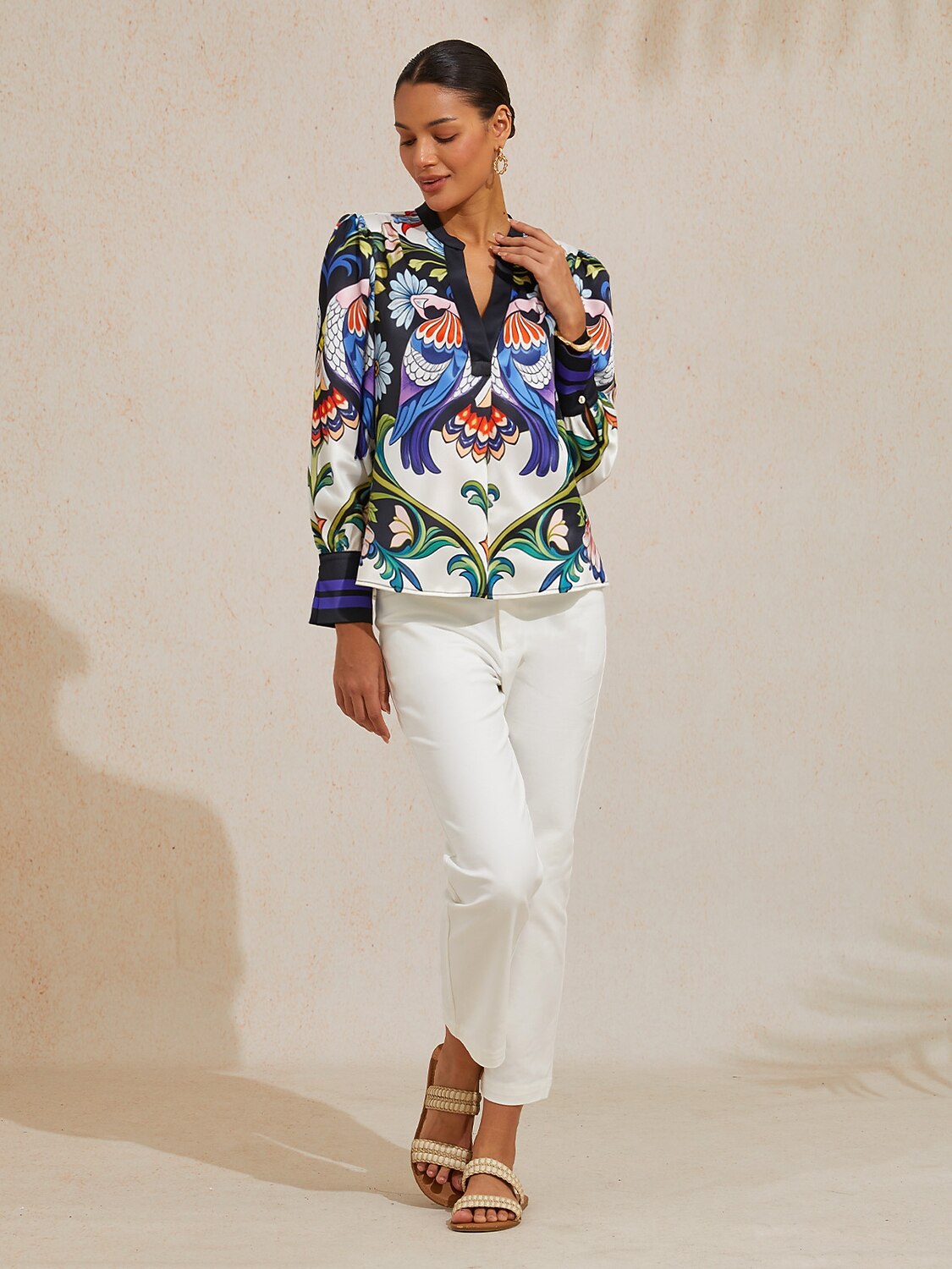 Bird Flower Silky Satin Blouse