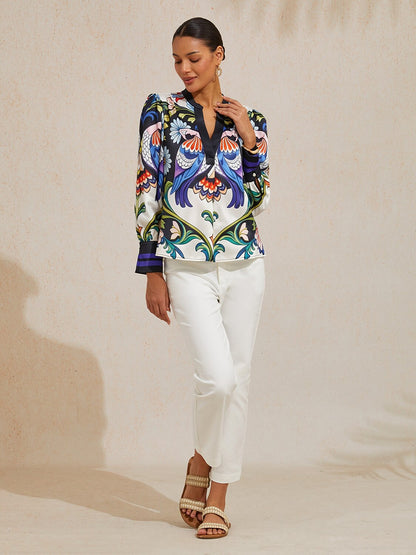 Bird Flower Silky Satin Blouse