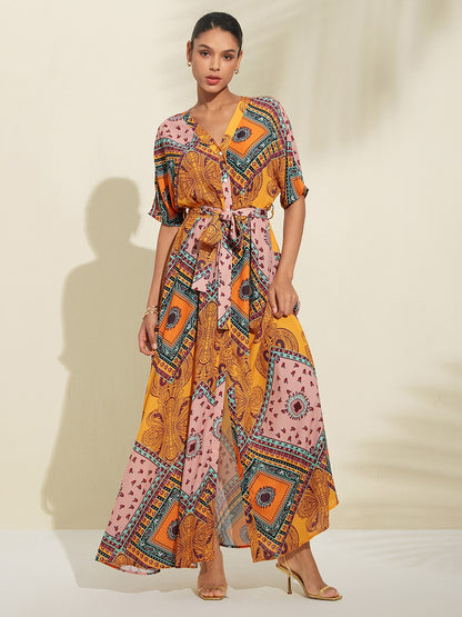 Folk Print V Neck Maxi Chiffon Dress