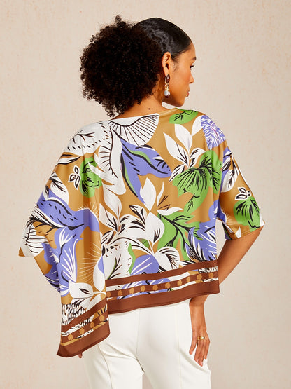 Traumhaftes Oberteil aus seidigem Satin mit Fledermausärmeln und Wildem Hibiskus-Muster