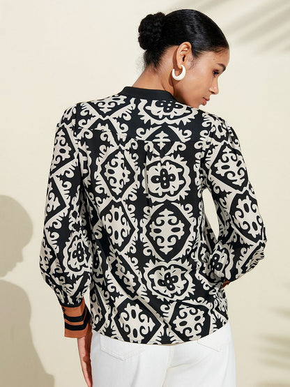 Satin Eden Moroccan Black and White Printed Blouse
