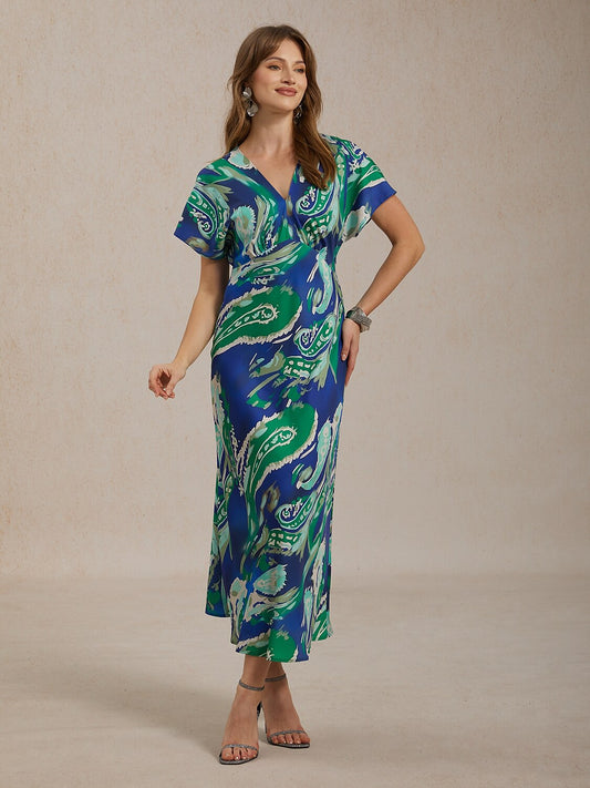 Vacation Satin Green Paisley Print Maxi Dress