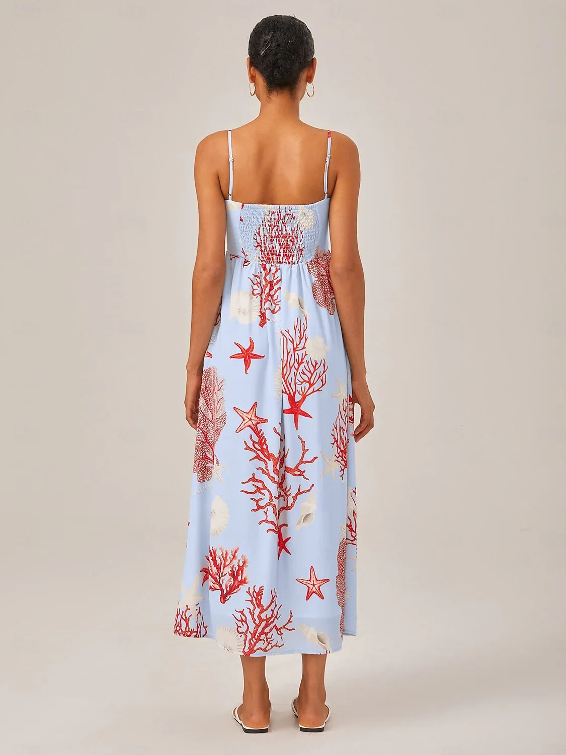 Rotes Chiffon-Maxikleid mit Ozeanmotiv und Spaghettiträgern