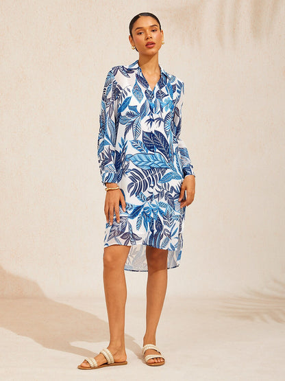 Azure Leaves Chiffon Shirt Dress
